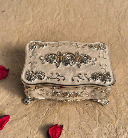 Silver Finish Floral Jewelry Box with Rose Design, Decorative Keepsake Storage Box for Vanity Decor & Gifting.
