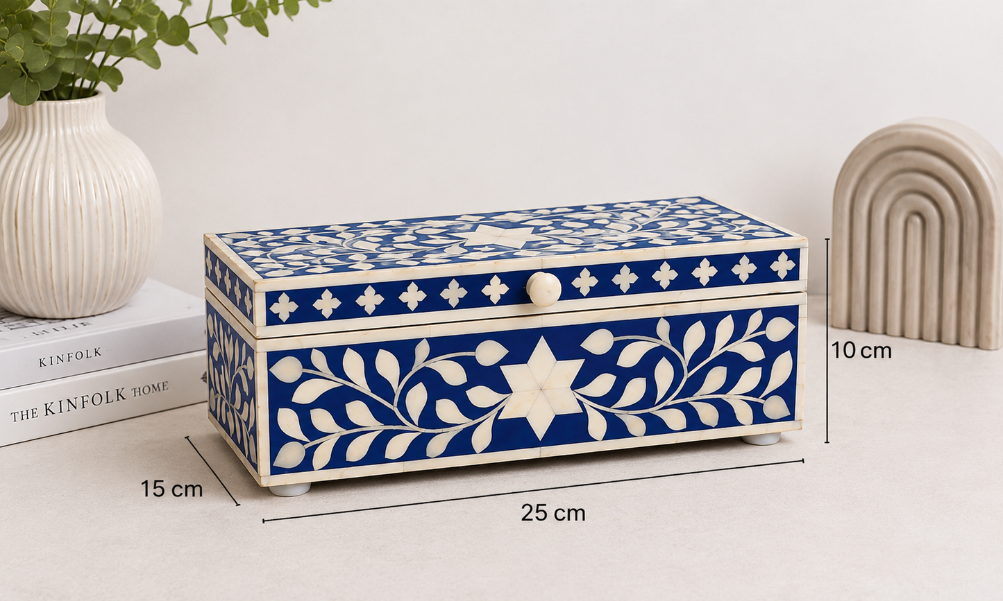 Handcrafted bone inlay floral pattern jewelry box with intricate artisan detailing