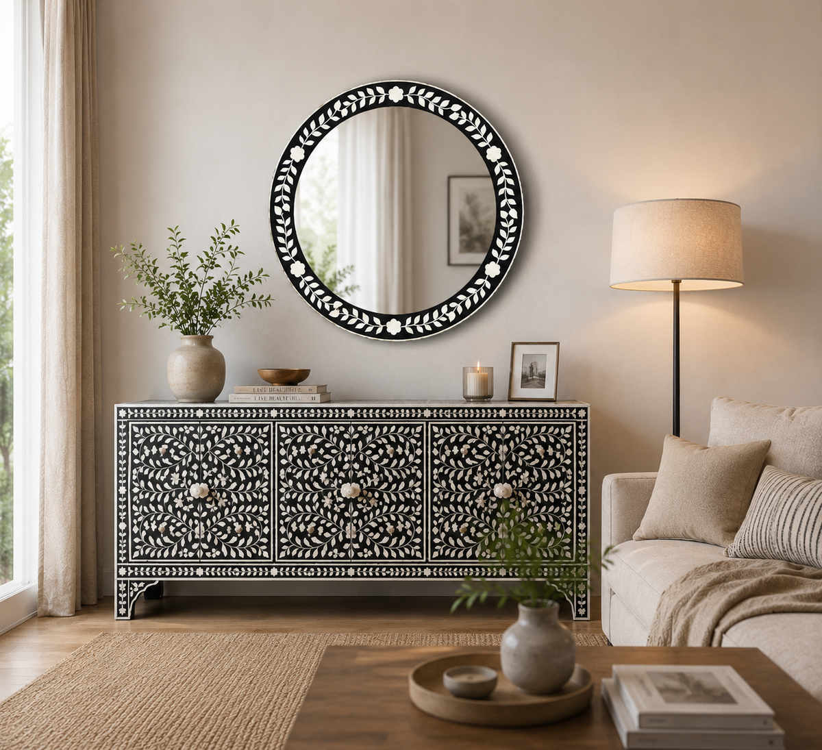 Luxury Handmade Bone Inlay Round Mirror Frame displayed in a modern entryway with elegant console table.