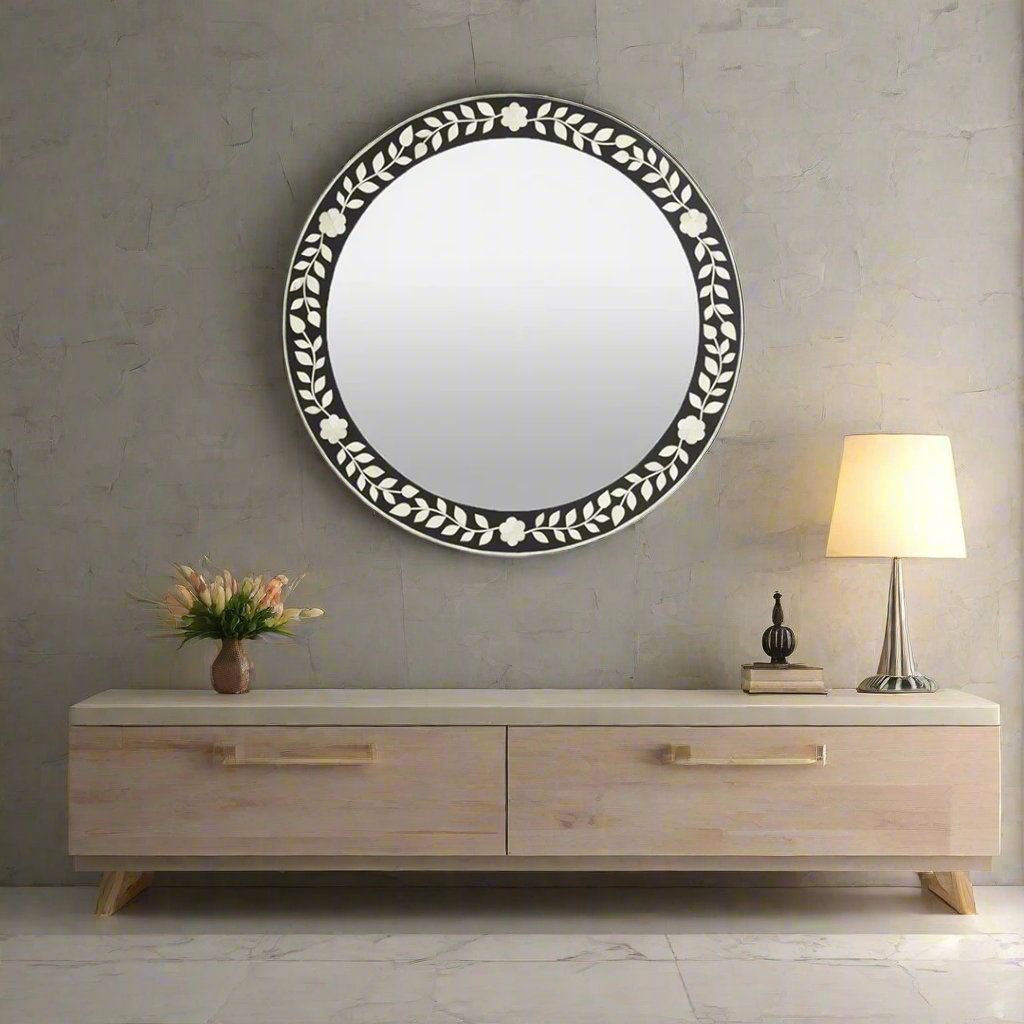 Luxury Handmade Bone Inlay Round Mirror Frame displayed in a modern entryway with elegant console table.