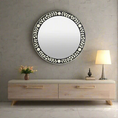 Luxury Handmade Bone Inlay Round Mirror Frame displayed in a modern entryway with elegant console table.