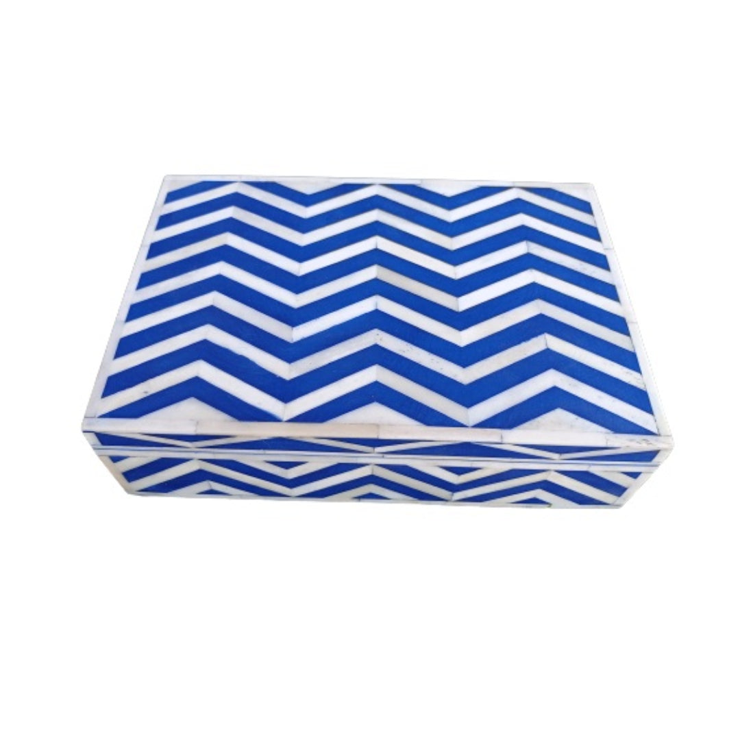 Handcrafted blue chevron bone inlay jewelry storage box with elegant home décor accents