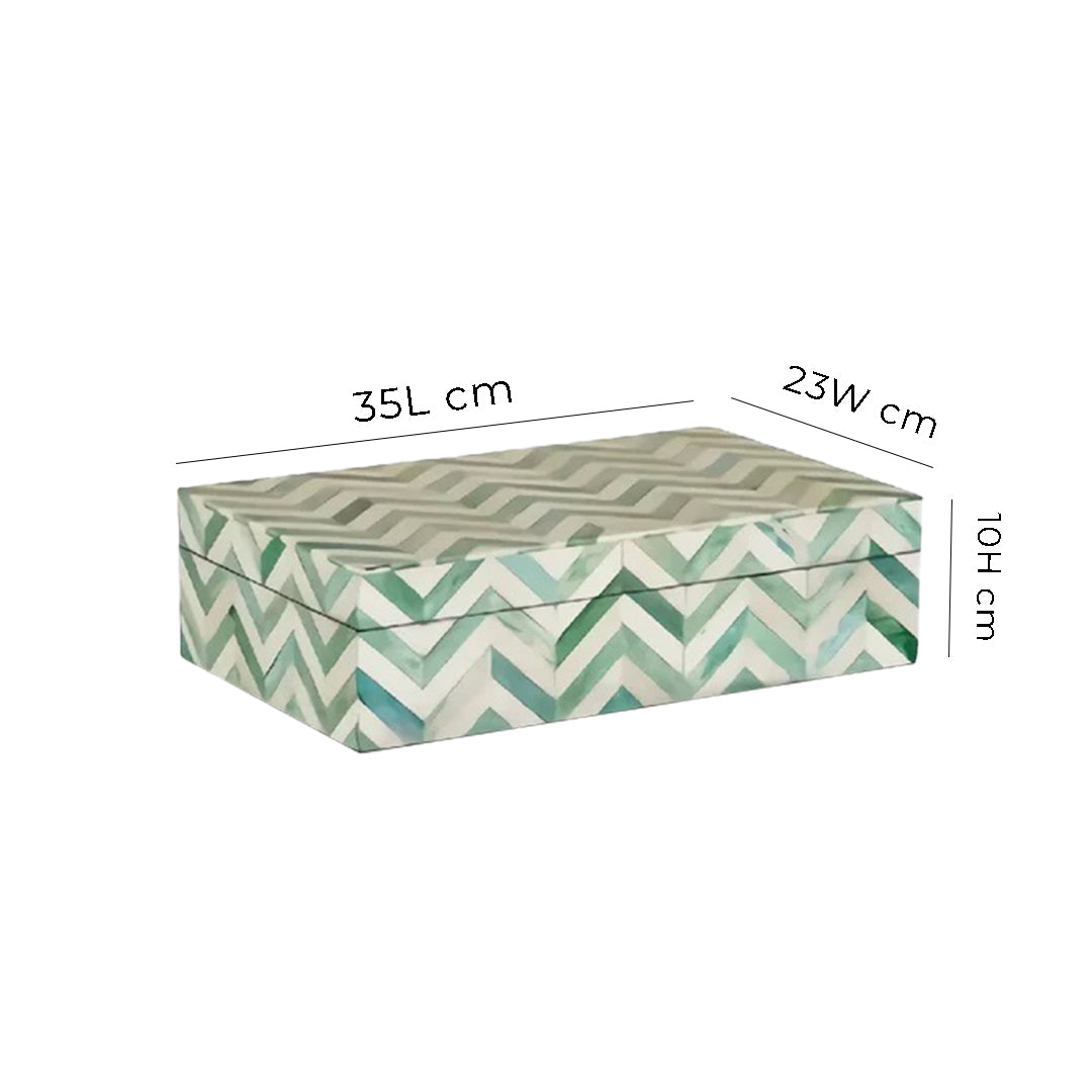 Handmade green chevron bone inlay box on modern kitchen countertop