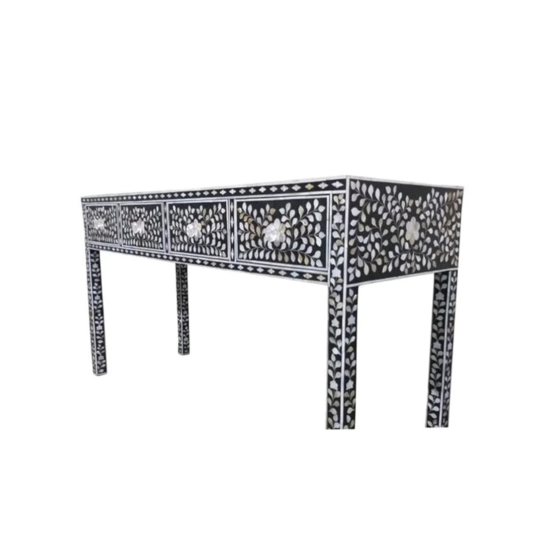 Angled View of Luxury Black Floral Mother of Pearl Inlay Console Table