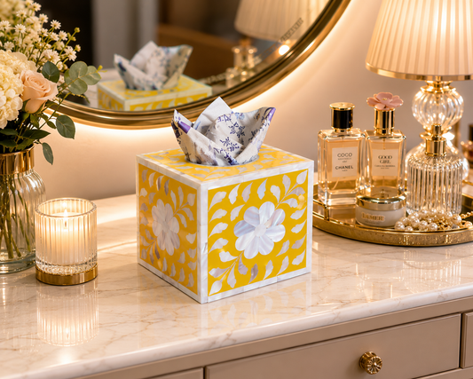 Mother of Pearl tissue box on dressing table