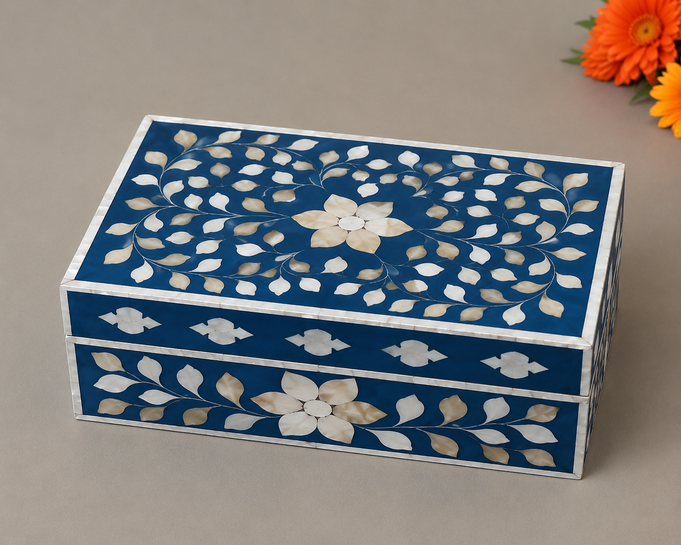 Handmade Blue Mother of Pearl Inlay Jewelry Box with Floral Vine Pattern