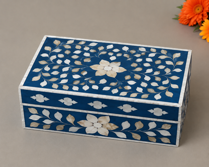 Handmade Blue Mother of Pearl Inlay Jewelry Box with Floral Vine Pattern