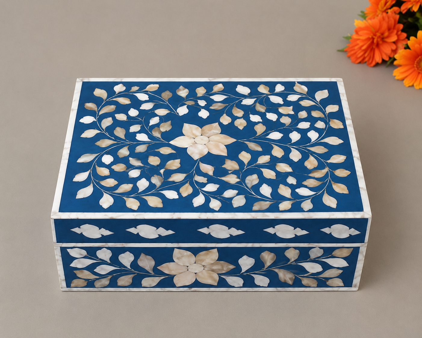 Handmade Blue Mother of Pearl Inlay Jewelry Box with Floral Vine Pattern