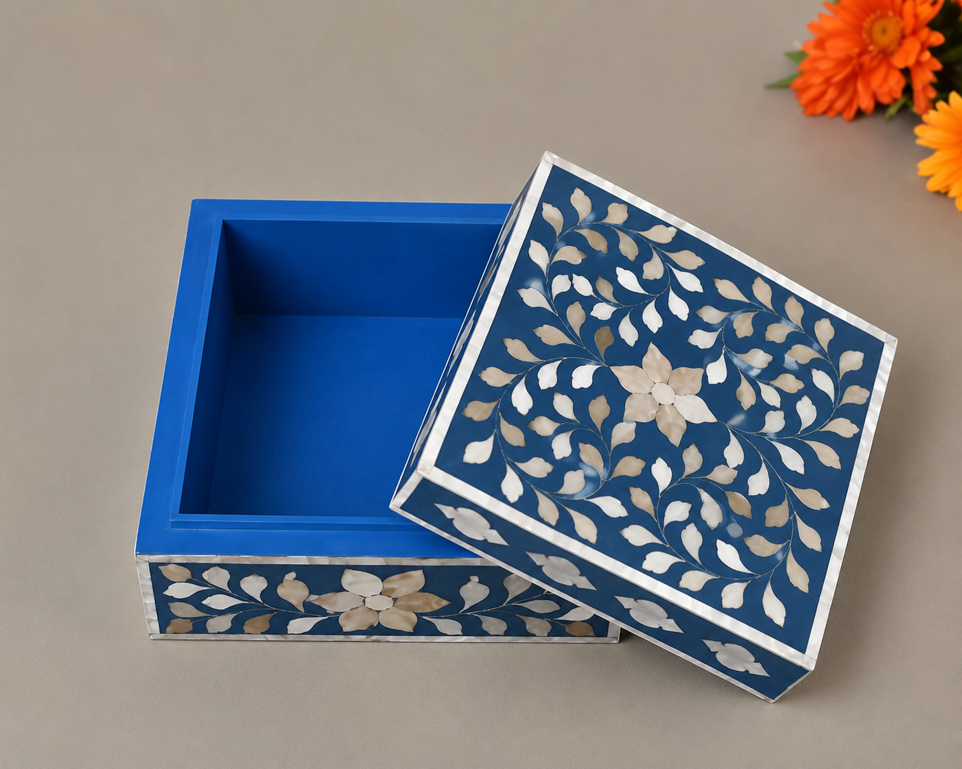 Artisan Blue Mother of Pearl Keepsake Box with Floral Inlay Pattern
