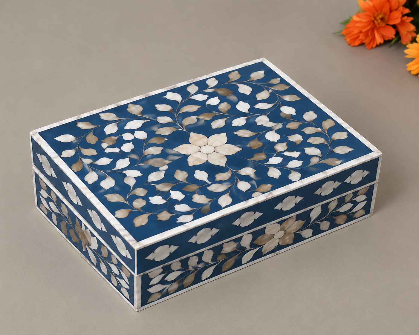 Elegant Blue Mother of Pearl Inlay Box for Necklace, Watch and Ring Storage
