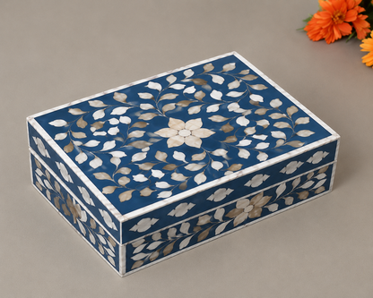 Elegant Blue Mother of Pearl Inlay Box for Necklace, Watch and Ring Storage