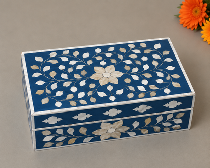 Elegant Blue Mother of Pearl Inlay Box for Necklace, Watch and Ring Storage