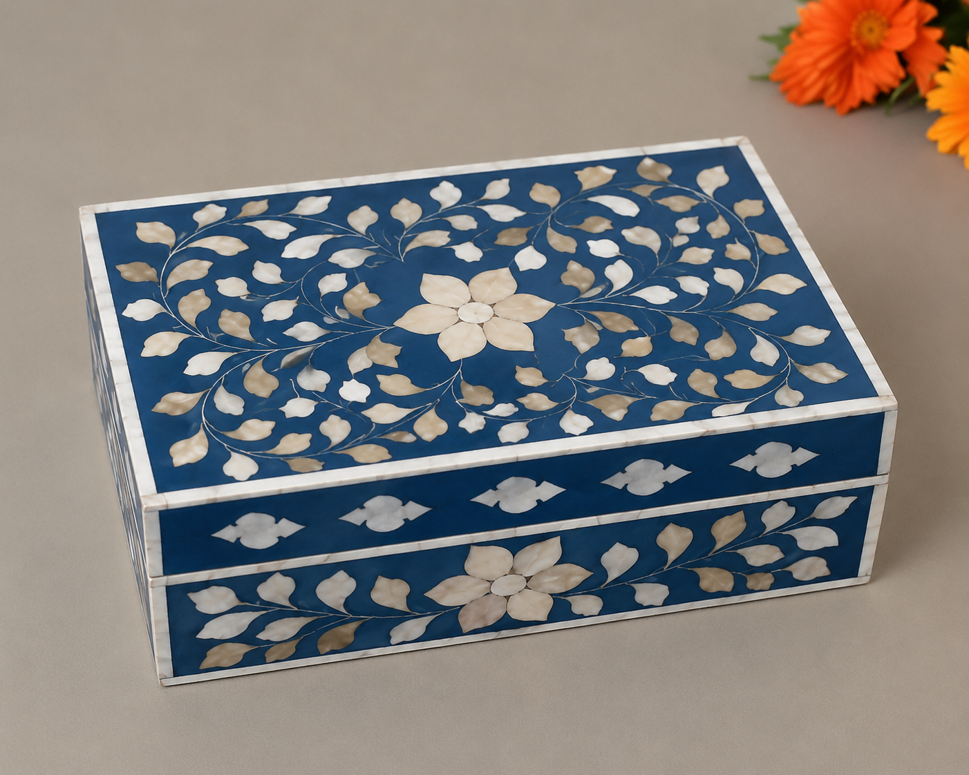 Artisan Blue Mother of Pearl Keepsake Box with Floral Inlay Pattern