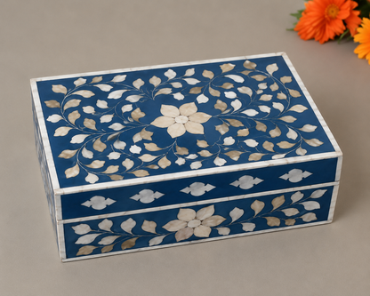 Artisan Blue Mother of Pearl Keepsake Box with Floral Inlay Pattern