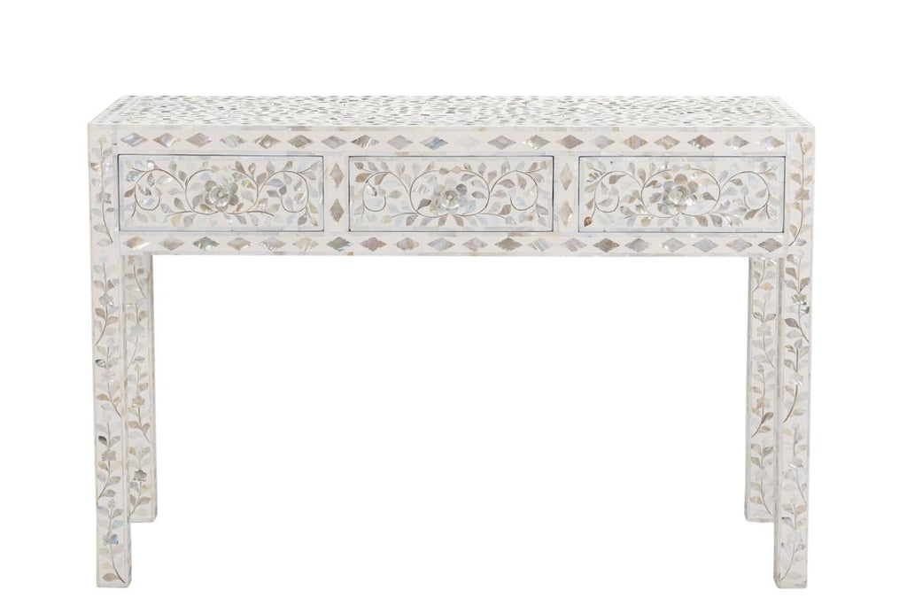 Elegant White MOP Inlay Console Table with Storage Drawers