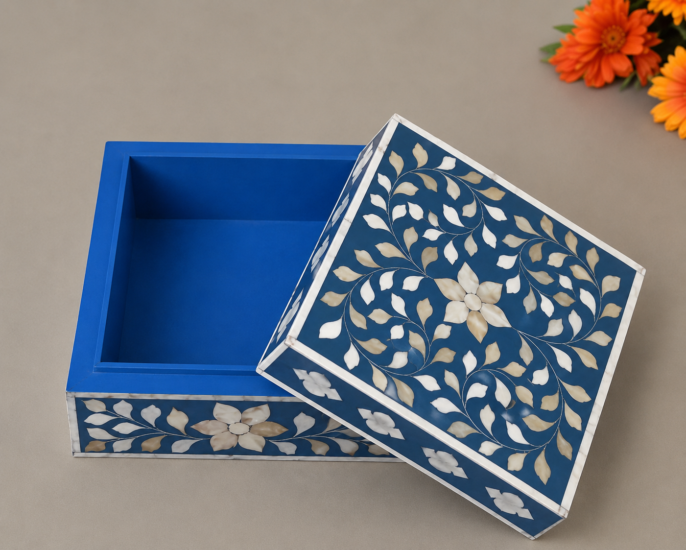Handmade Blue Mother of Pearl Inlay Jewelry Box with Floral Vine Pattern