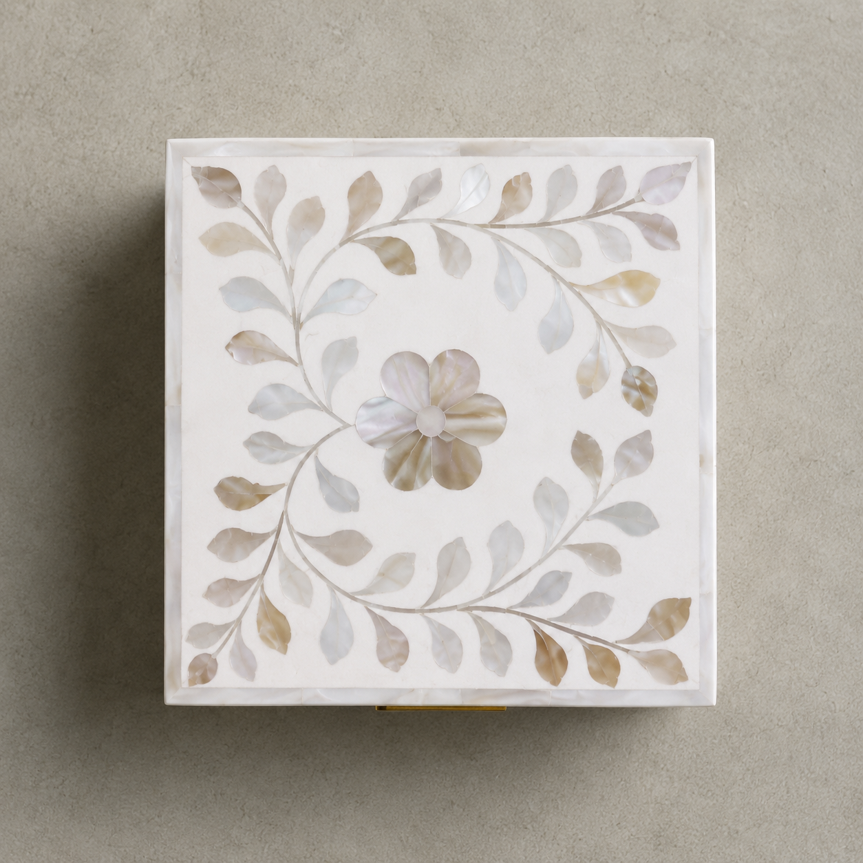 Personalized white mother of pearl jewelry box featuring an elegant floral inlay design.