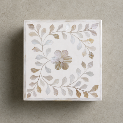 Personalized white mother of pearl jewelry box featuring an elegant floral inlay design.