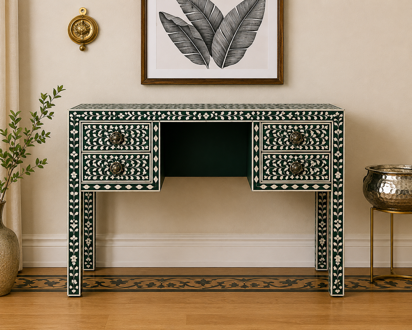 Dark Green Mother of Pearl Inlay Writing Desk with Floral Design