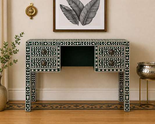 Dark Green Mother of Pearl Inlay Writing Desk with Floral Design