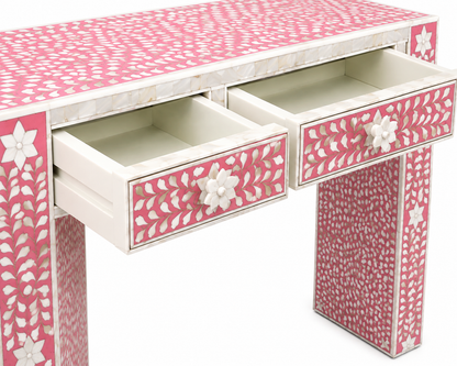 Pink Mother of Pearl Inlay Accent Console Table with Three Drawers