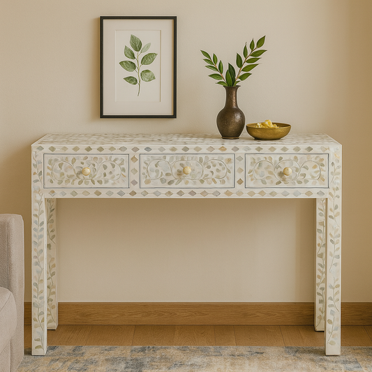 Handcrafted Mother of Pearl Inlay Console Table with 3 Drawers