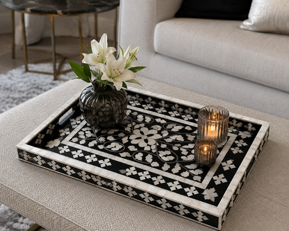 Luxury black and white mother of pearl inlay serving tray with intricate floral pattern