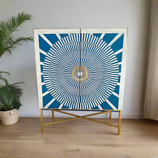 Personalized Handmade Bone Inlay Sun Burst Pattern Bar  Cabinet