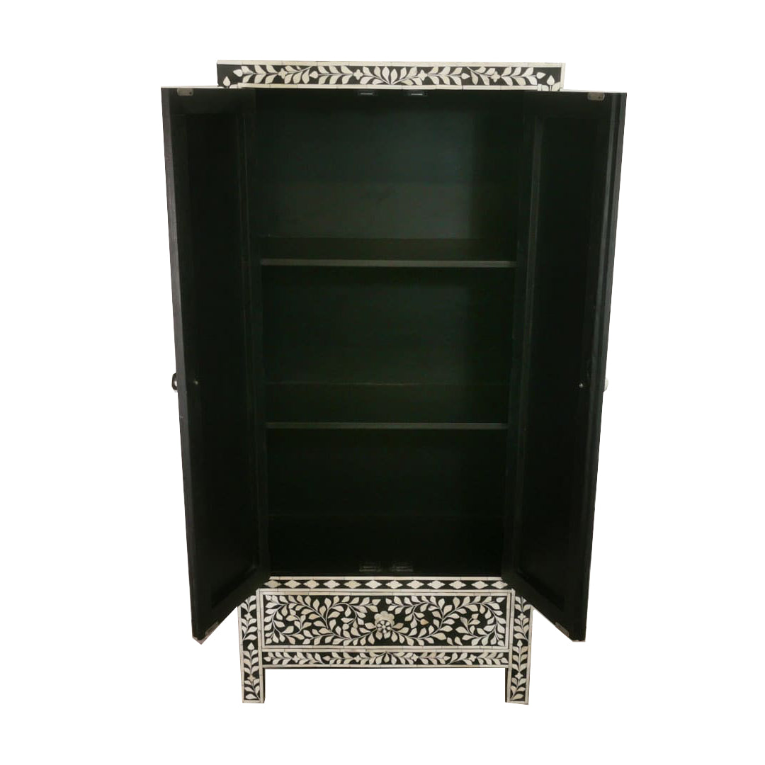 Handmade Floral Bone Inlay Two Door And One Drawer Almirah / Wardrobe /Armories Best For Home Decor