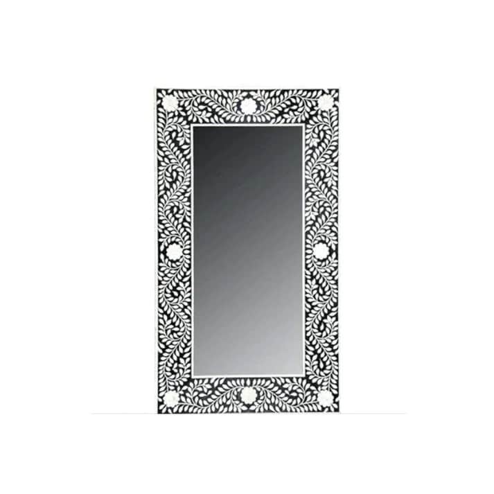Handmade Bone Inlay Rectangular Mirror Frame Floral Pettren Black color with Complimentary Mirror