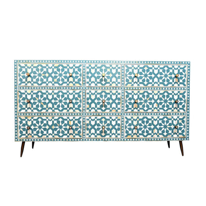 Bone Inlay Chest Of 9 Drawers, Moroccan Pattern In Blue