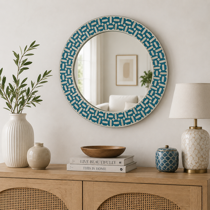 Luxury Handmade Bone Inlay Round Mirror Frame with Complimentary Mirror and customizable artisan design.