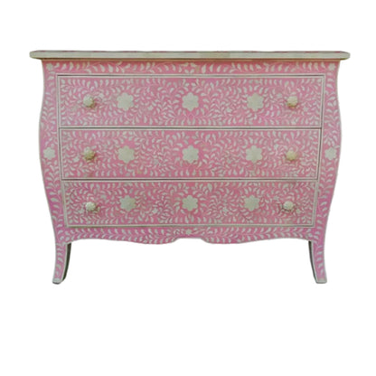Bone Inlay Chest Of 3 Drawers, Floral Vintage Pattern In Pink