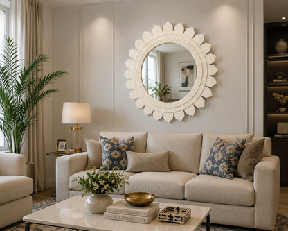 Customizable round bone inlay mirror handmade by skilled artisans