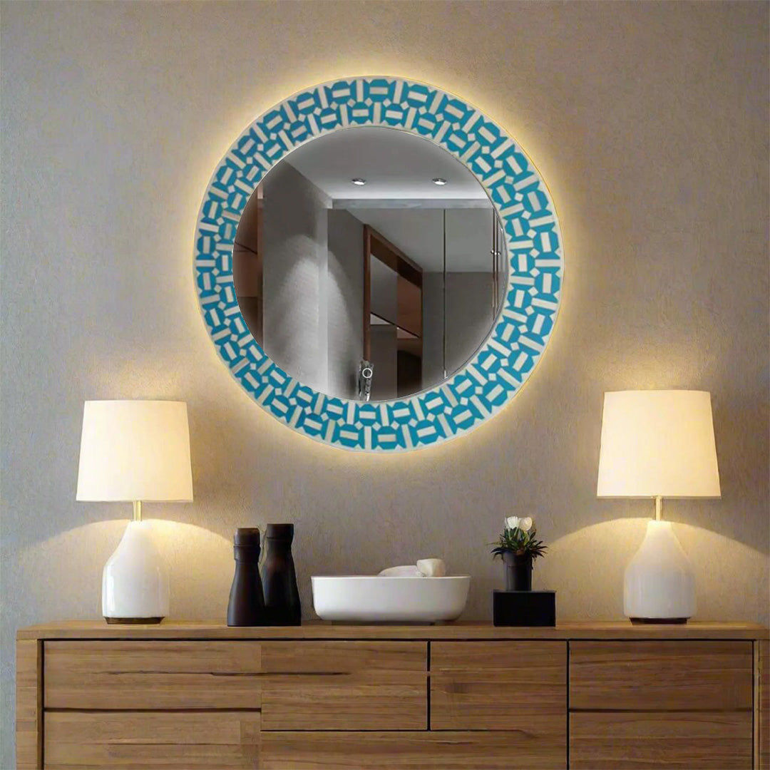 Customizable Bone Inlay Round Mirror Frame handcrafted with intricate floral inlay detailing.