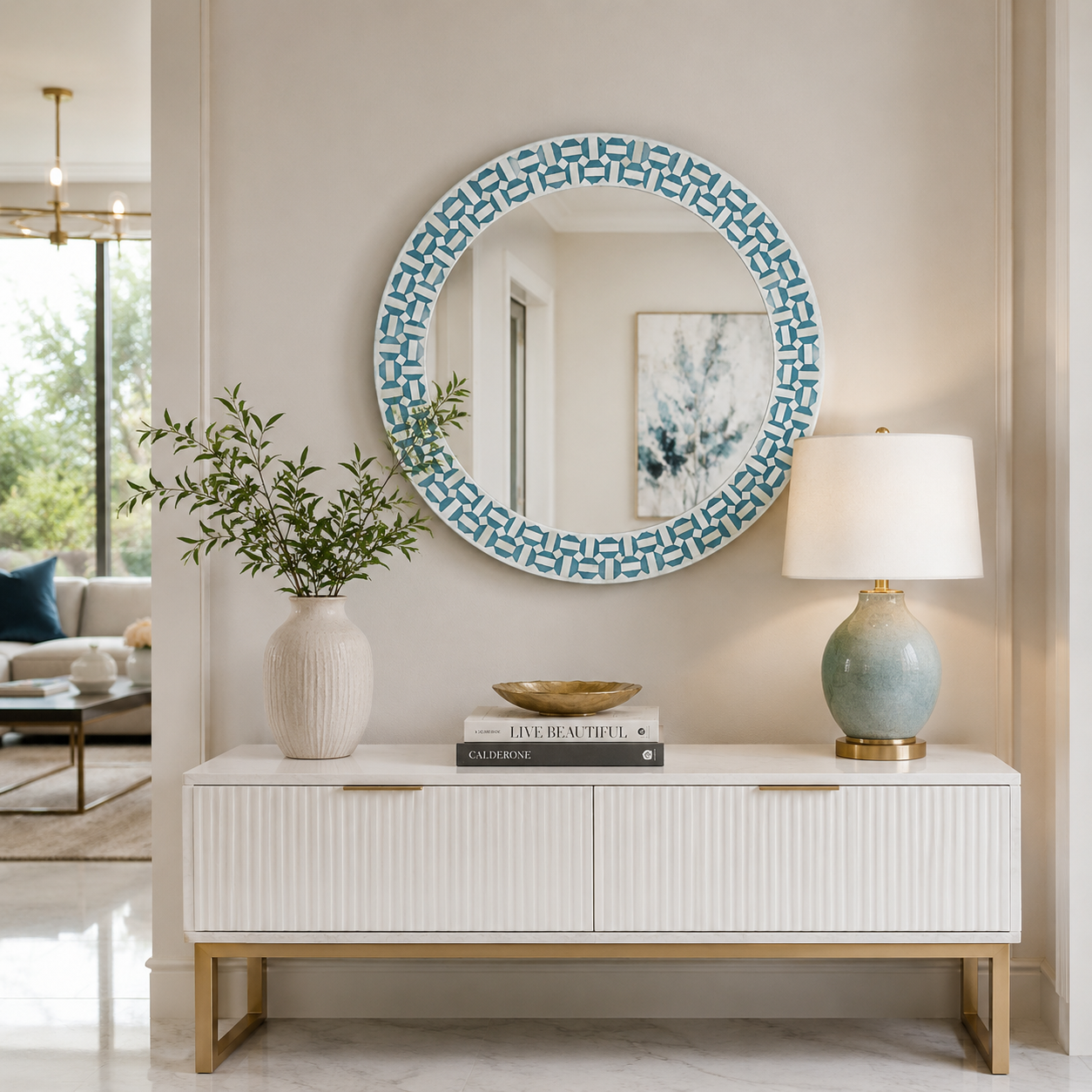 Handmade round bone inlay mirror frame with blue and white geometric pattern.