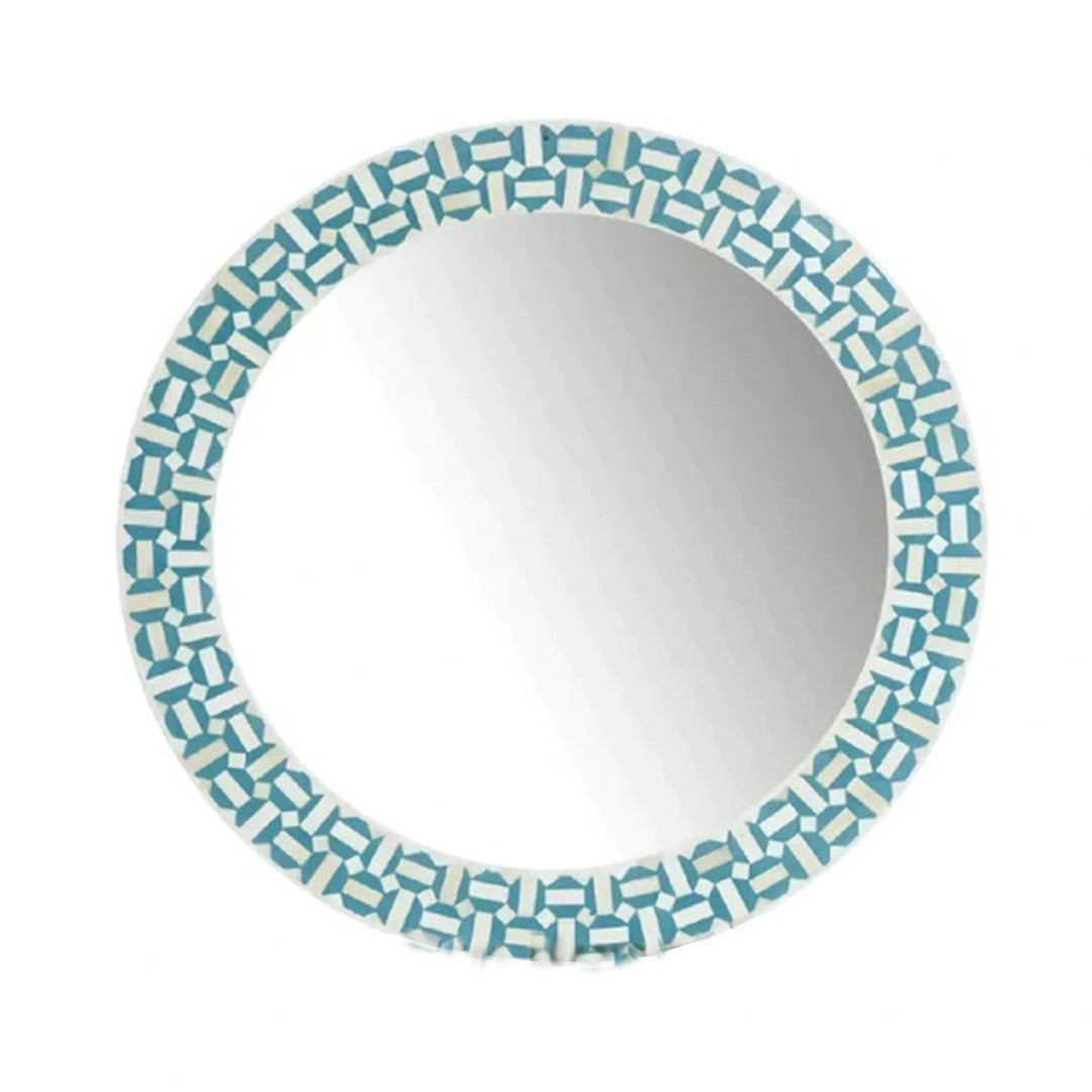 Contemporary handcrafted round bone inlay mirror with geometric mosaic design.