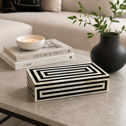 Handmade black and white bone inlay jewelry box with geometric strip pattern