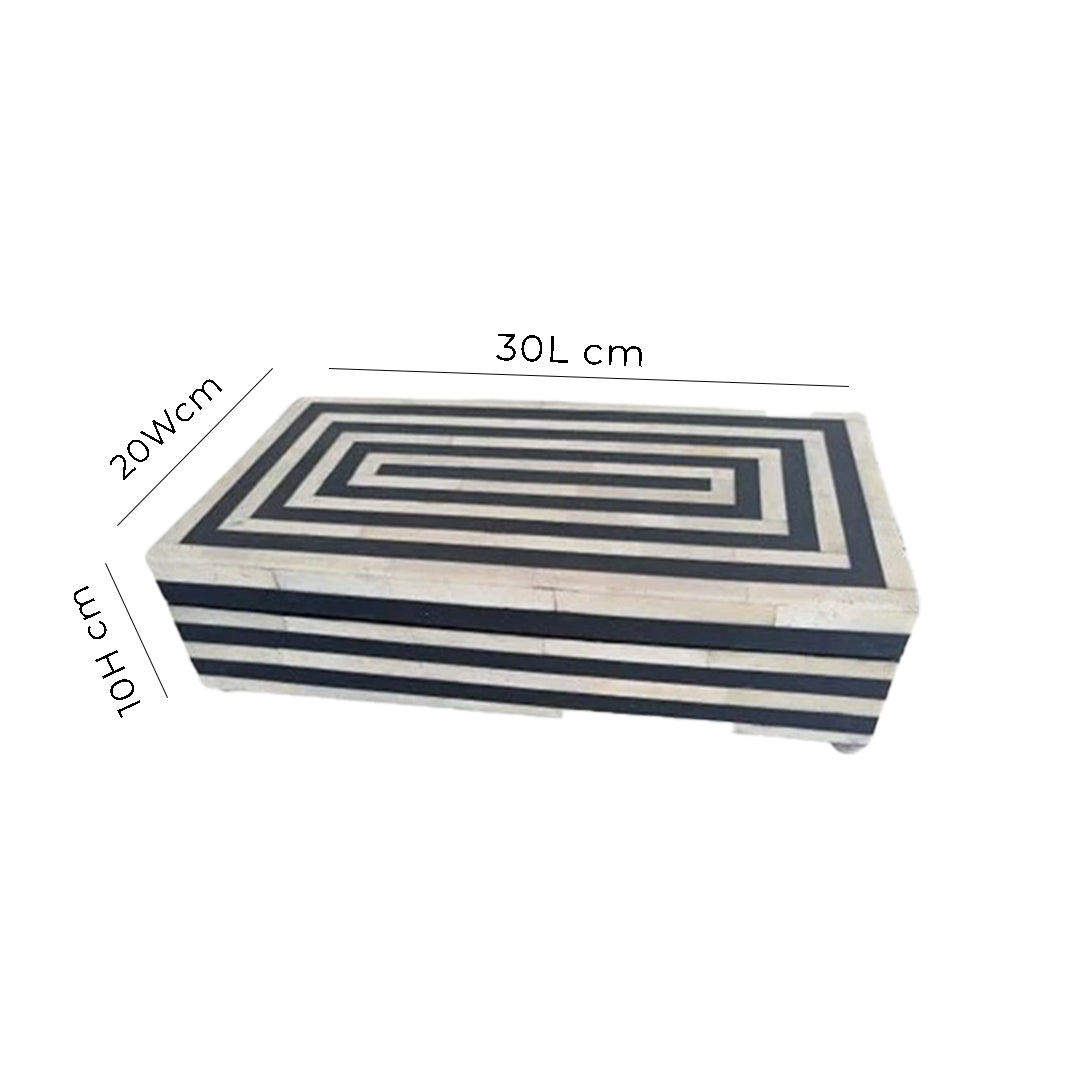 Artisan-made black and white bone inlay keepsake box with lid