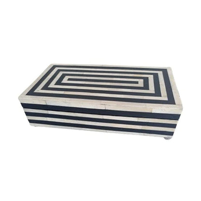 Decorative bone inlay storage box featuring modern linear pattern