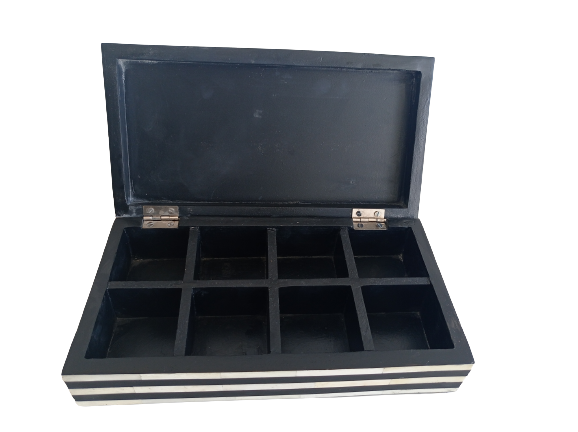 Premium bone inlay trinket box with black geometric strip pattern