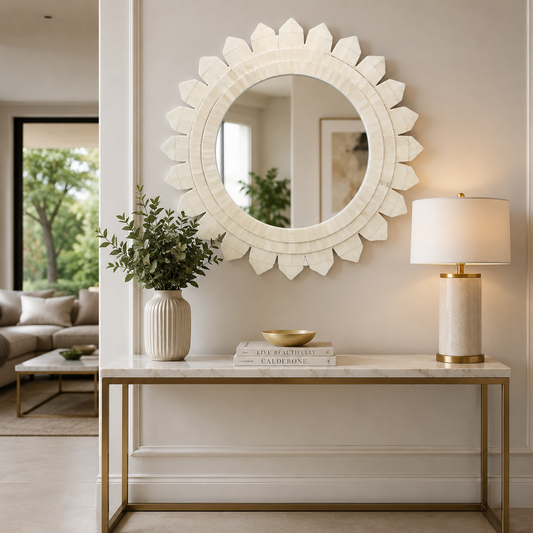 Artisan-crafted decorative round mirror with premium bone inlay design