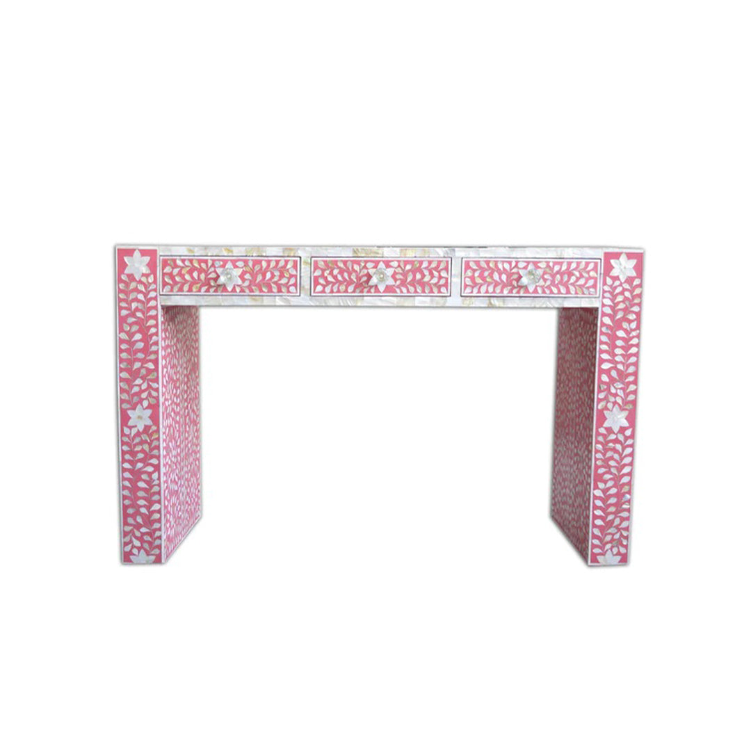 Pink Floral Mother of Pearl Inlay Console Table on White Background