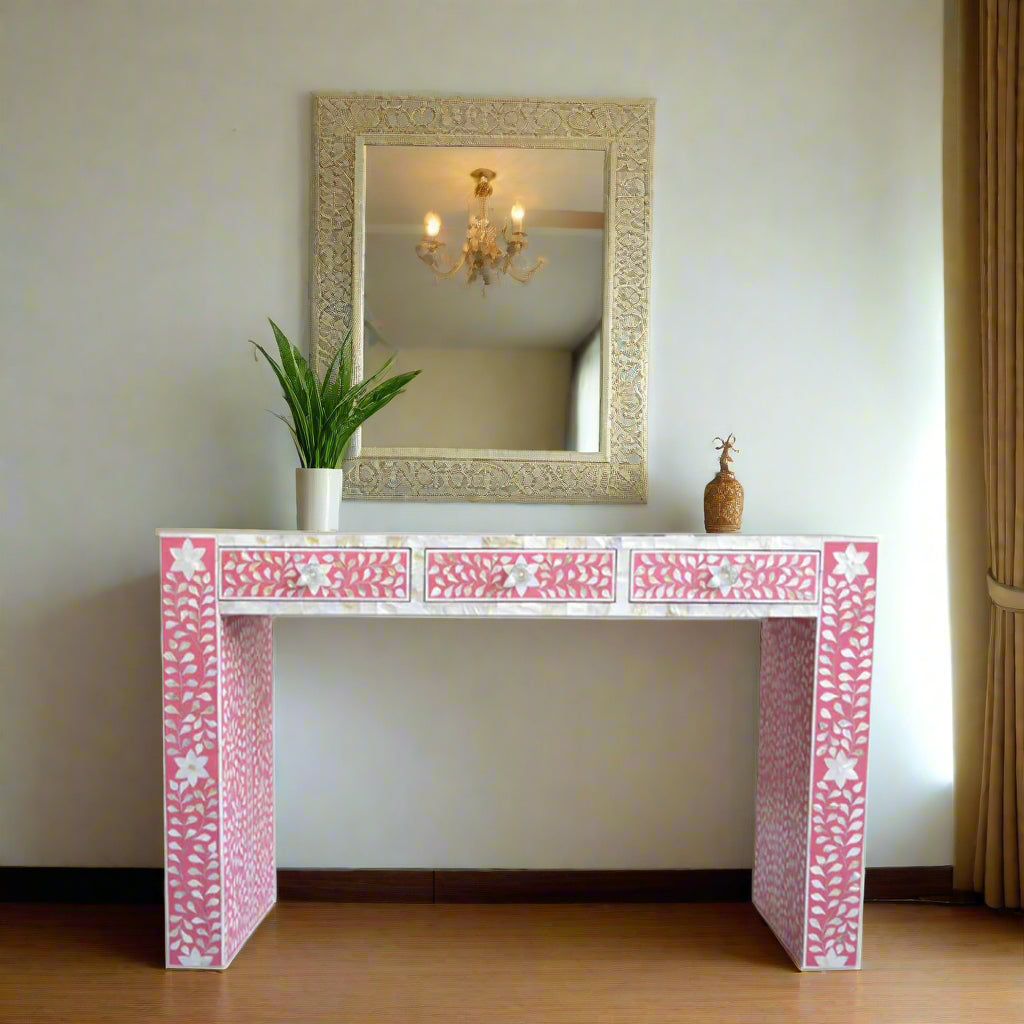 Handcrafted Pink Mother of Pearl Inlay Console Table with 3 Drawers
