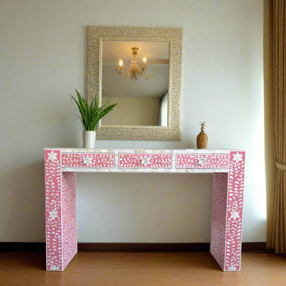 Handcrafted Pink Mother of Pearl Inlay Console Table with 3 Drawers