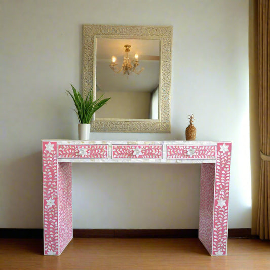 Handcrafted Pink Mother of Pearl Inlay Console Table with 3 Drawers