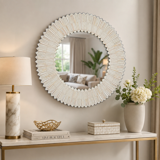 Handmade round bone inlay mirror frame with geometric triangle edge design for luxury modern home decor