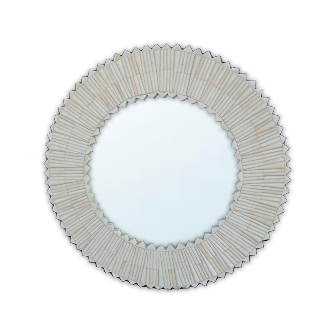 Handcrafted bone inlay round mirror frame with geometric triangle edge design