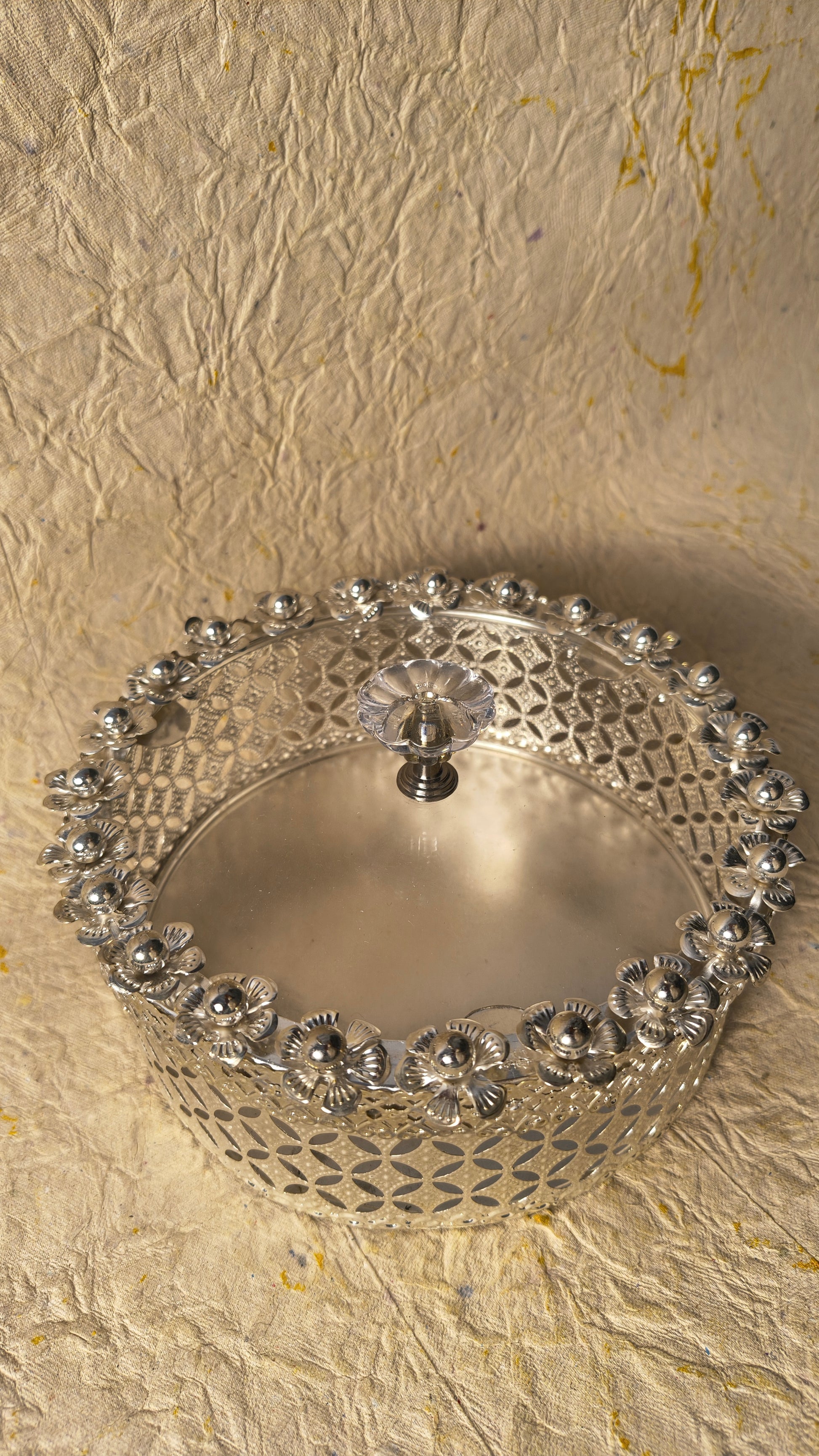 Round Decorative Dry Fruit Box with Floral Cutwork Design and Crystal Knob Lid