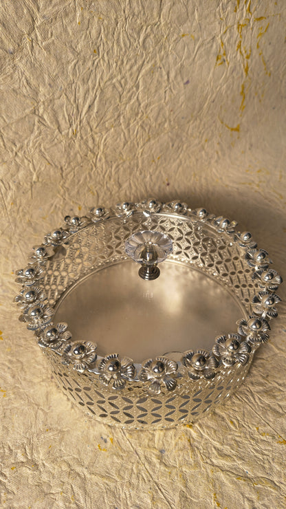 Round Decorative Dry Fruit Box with Floral Cutwork Design and Crystal Knob Lid